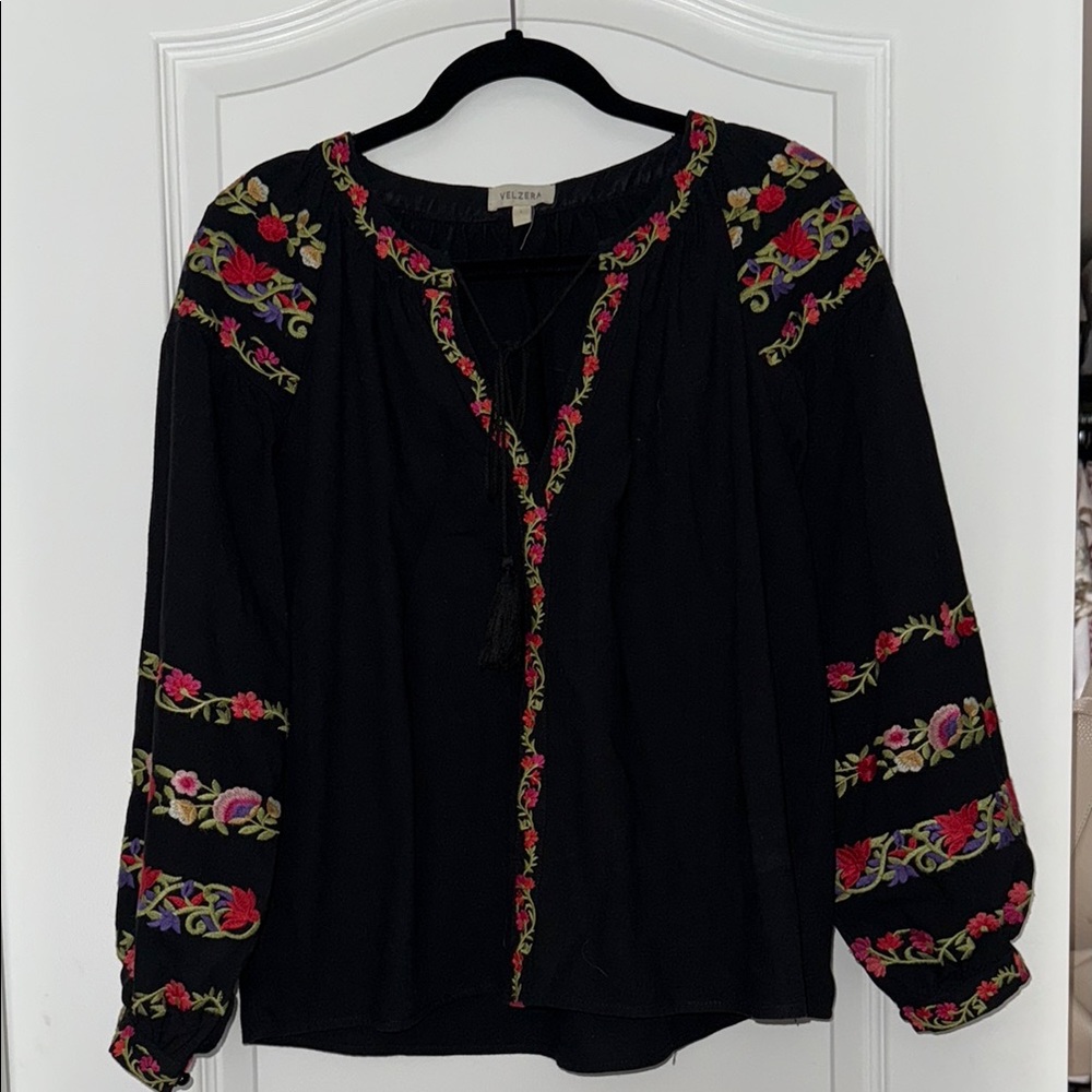 Floral Embroidered Black Blouse